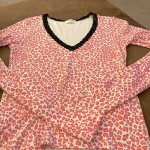 Brandy Melville Pink Animal Print Top with Black Lace Trim
